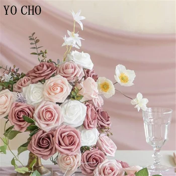 YO CHO 25 Chefes de 8CM Artificial Espuma de PE Flores Rosa Borgonha Ombre Cores Noiva Buquê de Flores Para a Festa de Casamento Decorativos