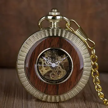 Marca de topo em Madeira maciça Mecânica Relógios de Bolso FOB Corrente Oca Steampunk Relógios de Bolso Esqueleto Mens Mulheres Masculino Relógio