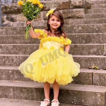 Amarelo Puffy Criança De Aniversário Do Vestido Da Menina De Flor De Cristais, Apliques De Casamento Vestidos De Festa, Desfile De Primeira Comunhão De Todas As Idades