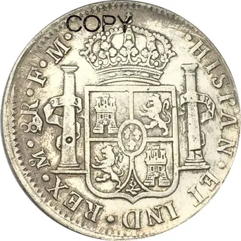 México, 8 Reales Carlos IV 1802 FM Latão Banhado a Prata Cópia Moedas