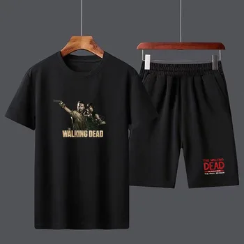 O Walking Dead Algodão T-shirt masculina Conjunto de Shorts Respirável Casual T-shirt Executar o Conjunto de Meninos Harajuku Masculinas de Streetwear Tops