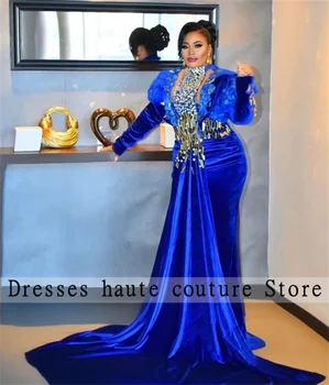 Aso Ebi Azul Royal Veludo Frisado Vestidos De Noite 2023 Sereia Africano Para A Festa De Casamento Vestido De Manga Longa Vestes De Soirée