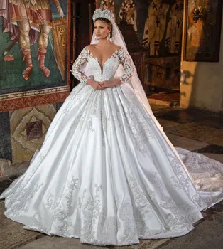 Marrocos 2023 Vestidos De Noiva Lindos Princess Bola Lace Vestido De Pérolas De Mangas Compridas Pura Pescoço Branco Vestidos De Noiva Vestido De Noiva