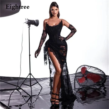 Eightree Preto Sexy Vestidos De Noite Abendkleider Dubai Apliques De Renda Sereia Dobra A Perna De Fenda Festa Dresse Vestes De Soiré 2022