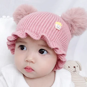 O Coreano Bonito Plissado Bebê Chapéus De Outono Inverno Quente Macio Earflap Cap Recém-Nascido Criança Menino Unisex Bonito Dois Pompom Beaine Bonnet