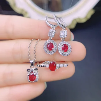 【M&T】Novos natural rubi conjunto de jóias vintage mulher elegante colar brincos anel de prata Esterlina 925 engajamento festa de casamento de presente