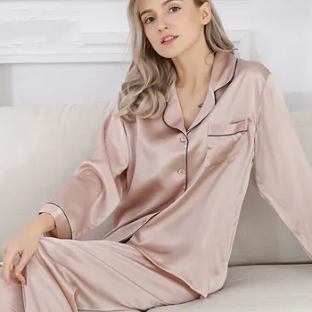 16 momme Pijamas para Mulheres de Primavera e Outono, 100% Seda Pura de Duas peças Pantsuits Treino de Manga Longa Feminina do terno