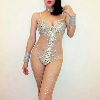 Sexy Decote Em V Transparente De Malha Listrado Strass Bodysuit Mulheres Cantor Desempenho Da Fase De Figurino Luxuoso Vestido De Pérolas