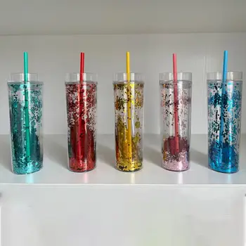 Nova Dupla Camada Brilhante Transparente Copo de Plástico 473ml/16oz Criativo Copo de Água Palha Xícara de Café, Copo de Café, Caneca Copo Com Canudo