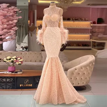 Xijun De Luxo Plumas Paetês Frisos Sereia Vestidos De Baile, Mangas Compridas, Gola Alta Noite, Vestido De Festa De Casamento Vestido De 2022