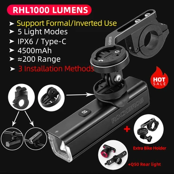 ROCKBROS Waterproof a Luz de Moto 1000LM Tipo-C de LED Recarregável o Farol de Alumínio ultra-leve Lanterna Luz de Bicicleta Acessórios