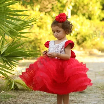 Luxo Vermelho Inchado Pérolas Flower Girl Dress Criança Pequena Aniversário De Casamento Vestidos De Festa Feitos Desfile De Moda Primeira Comunhão