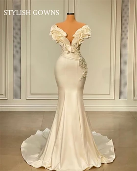 Novo E Elegante Branco Decote Em V Vestido De Noiva Babados Vestido De Noite, Com Cercadura De Pérolas De Noiva Do Casamento Formal Vestidos De Robe De Bal