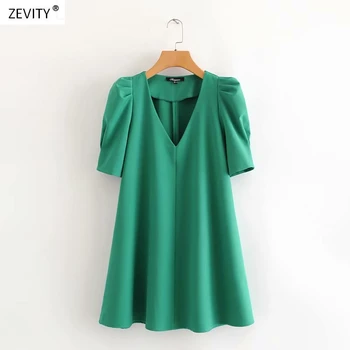 Novo 2020 mulheres de moda de pescoço de v pregas puff manga verde mini vestido elegante senhora do escritório vestidos casuais reta vestidos DS3681