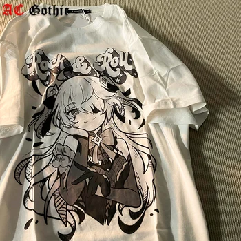 Mulheres T-Shirt Harajuku Gótico, Punk Cartoon Impressão de Manga Curta-O-Tops com Decote em Mulheres de Verão Solto Oversized T-Shirt com Roupas de Rua
