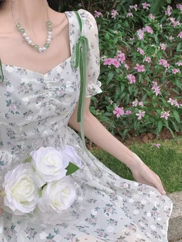 2022 De Fadas De Verão Floral Mini Vestido Das Mulheres Casual Slim Elegante Vestido De Festa Curto Noite De Praia Estilo De Uma Peça Vestido Coreano Chique