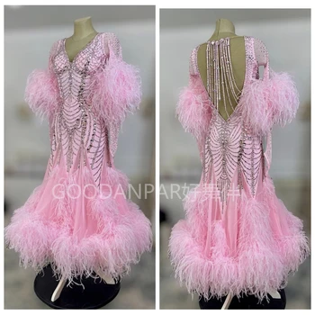 Padrão Dança Vestido para o Concurso de Dança de Salão Vestido de Valsa dançar vestido de Estágio fantasia de plumas de avestruz cor-de-rosa