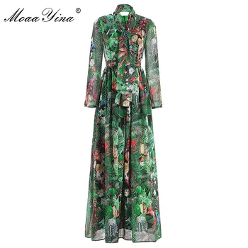 MoaaYina Designer de Moda de vestido de Primavera Outono Mulheres de Vestido de manga Longa de Mata-Floral Impressão Maxi Vestidos