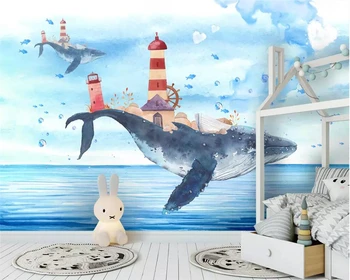 BEIBEHANG papel de parede Personalizado de Fantasia em 3D Baleia Farol do Oceano Azul pintado a Mão Peixe Voador Crianças de plano de Fundo do Papel de Parede Mural