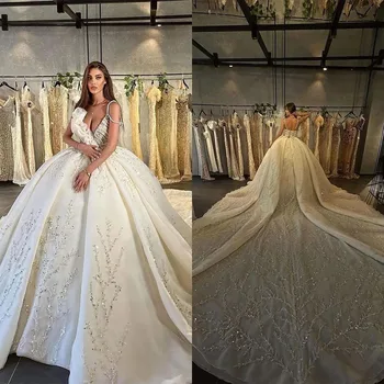 Luxuoso Vestido de baile Vestidos de Casamento do Laço Prateado Vestido de Noiva de Cetim Sequines Esferas árabe de Dubai Vestidos de Noiva