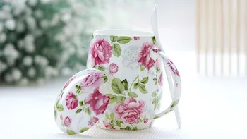 450ML, floral rosa flor de pintura, porcelana de ossos minion caneca de cerâmica, canecas térmicas, vente tasse, com colher & lip