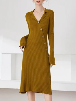 2022 Outono Lã de Malha Mulheres de Vestido de Estilo francês do Meio-comprimento Cintura-skimming Vestido de Camisola de Alta Qualidade Manto Viscose