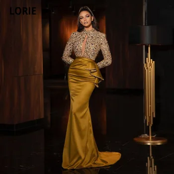 LORIE árabe Noite Vestidos de Ouro, Gola Alta Frisado Mangas compridas Vestido Sereia Vestido de Baile Vestido de Festa abendkleider 2021 dubai