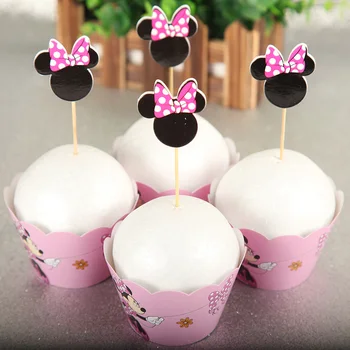 12pcs Wrappers + 12pcs Toppers de Minnie Mouse Papel Colorido Cupcake de Bolo de Crianças Festa de Aniversário, Decorações de Suprimentos