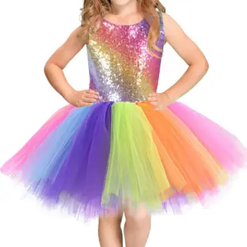 Crianças De Dança Traje Cosplay De Princesa Arco-Íris Malha Lantejoulas Coloridas Tutu Vestido De Festa De Máscaras Função De Jogar Roupas De Crianças