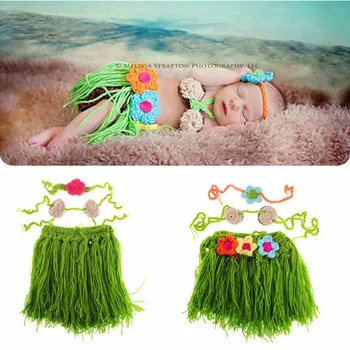 Venda Quente Nova Da Menina Do Bebê Recém-Nascido Praia Hula Grass Skirt Conjunto De Crochê, Tricô Traje De Roupa De Fotografia Com Adereços Foto H152