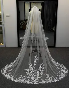 Véu de noiva Longo Véu de Noiva de Flores em 3D Floral Laço Branco Luxuoso Véu para Noiva Com Pente de velos de noiva Catedral