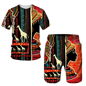 Homens do Estilo Africano de Verão de Treino Étnica Totem de Impressão de T-Shirt, Shorts Conjunto de Roupa Casual Vintage de grandes dimensões Trajes de Moda