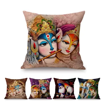 Índia Cultural Radha Krishna Pintura A Óleo De Dia Dos Namorados, Decoração Do Sofá Jogar Travesseiro Caso Exóticas Étnica De Linho Capa De Almofada