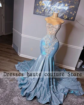 Céu Azul Apliques Frisados Sereia Vestidos De Baile 2023 Negro Da África Meninas De Festa Vestidos De Babados Vestido De Noite Vestidos De Gala