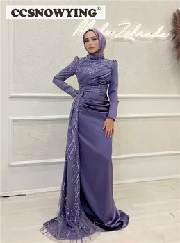 Cetim Lilás Manga Longa Hijab Muçulmano Noite Vestido De Gola Alta Islâmica Vestido Festa Formal Arábia Dubai Vestidos De Baile Robe De Sarau