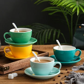 Estilo europeu 300ML de cor sólida xícara de café e pires dom de cerâmica, cappuccino, latte xícara e pires conjunto de multi-cores opcionais