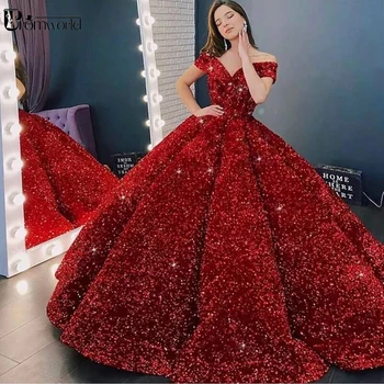 Luxo Cintilante Vermelho Vestido de baile Vestidos de Quinceanera 2022 Fora do Ombro Lantejoulas Concurso de Vestido Longo Sweet 16 Vestido de Vestidos