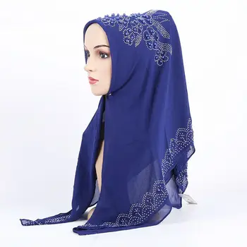 Luxo Pérola Chiffon véu islâmico Mulheres de Hijab Cor Sólida Árabe Lenço Com Broca Instantâneas Xale Hijabs femme foulard hoofddoek