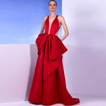 V-neck Vestido de Cetim de Uma linha de Vestidos de Noite Para a Mulher Abrir de Volta Vermelho de Mulheres de Roupas Com Arco Elegante Vestido de Casamento de Trem