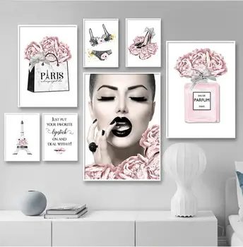 DIY diamante pintura cor-de-rosa da flor o perfume de moda senhora de strass, bordados de prata lábios maquiagem arte de pintura de parede a imagem moderna