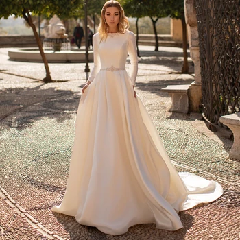 Modesto de Mangas compridas, Vestidos de Noiva Personalizados feitos Jóia do Casamento Vestido de Cetim Frisado Uma linha de árabe Vestido de Noiva