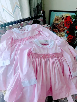 Criança Menina Vintage, feitos à mão Florido Vestido Rosa bebê Smocking Emboridery Vestidos de Bebê espanhol Vestido de Crianças Boutique de Roupas