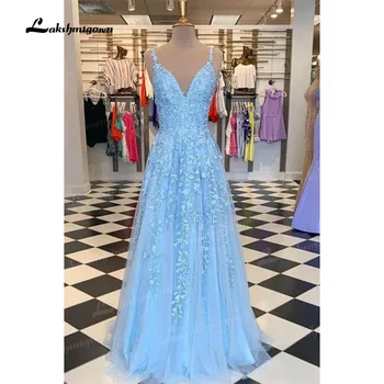 Elegante Céu Azul Rendas Vestidos De Baile Longos Decote Em V Rosa-Vestido Formal, Baile Festa De Casamento De Mulheres De Uma Linha De Vestido De Noite 2023