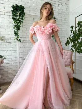 Pink Princess Uma Linha de Vestidos de Noite Flores em 3D Fora Do Ombro de Fadas Vestido do Baile de finalistas de Tornozelo Comprimento Longo Cocktail Vestido de Festa Novo