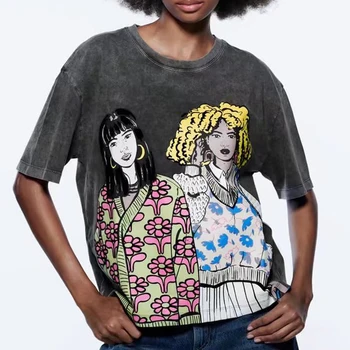T-shirt de Lazer Lavagem de Efeito Chique de Manga Curta Feminino Top do Verão Nova 2022 Mulheres Cinza Gola Frente Resumo Impresso