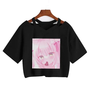 Anime japonês Menina Mulheres t-shirt de Manga Curta T-Shirts Solta Crop tops Hip Hop Gótico Tee Cortada V-pescoço Simples camiseta camiseta