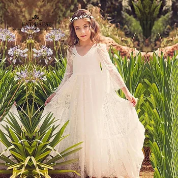 FATAPAESE Vestido da Menina de Flor 2-14 Anos, Branco de Renda Macia Primeira Comunhão Vestido de Mangas Compridas Boêmio Princesa Vestido Boho Crianças