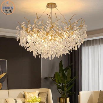 Ouro modernas de Cristal de Luxo Lustres para Sala de Jantar Sala de estar do Ramo Hanging Lamp Grande dispositivo elétrico de Iluminação para o Átrio do Hotel