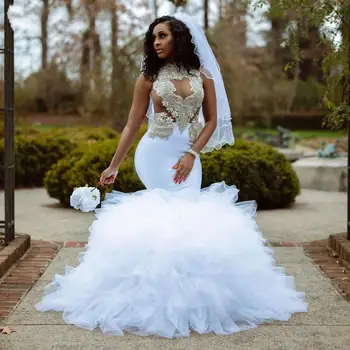 Branco Sereia De Longos Vestidos De Noiva 2022 Deslumbrante Frisado Superior Babados Garota Africana Vestidos De Noiva