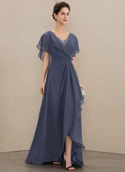 Elegante Longo de Chiffon Lace Mãe da Noiva Vestidos com Fenda Chão Comprimento do Zíper Plissado Abendkleider Vestes de Soirée para as Mulheres